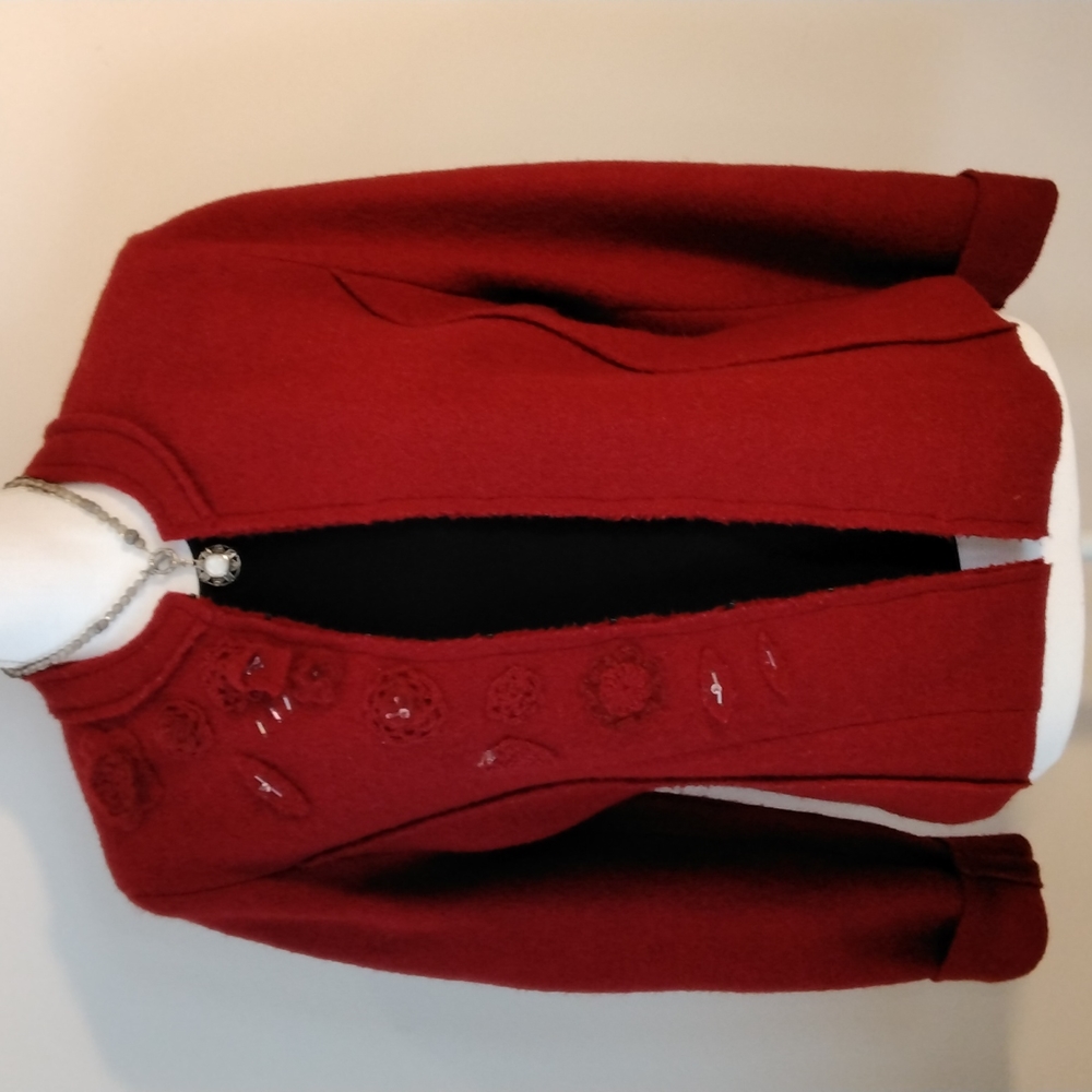 Willi Smith Womens Beaded Rich Cranberry Boiled Wool Cardigan Size M